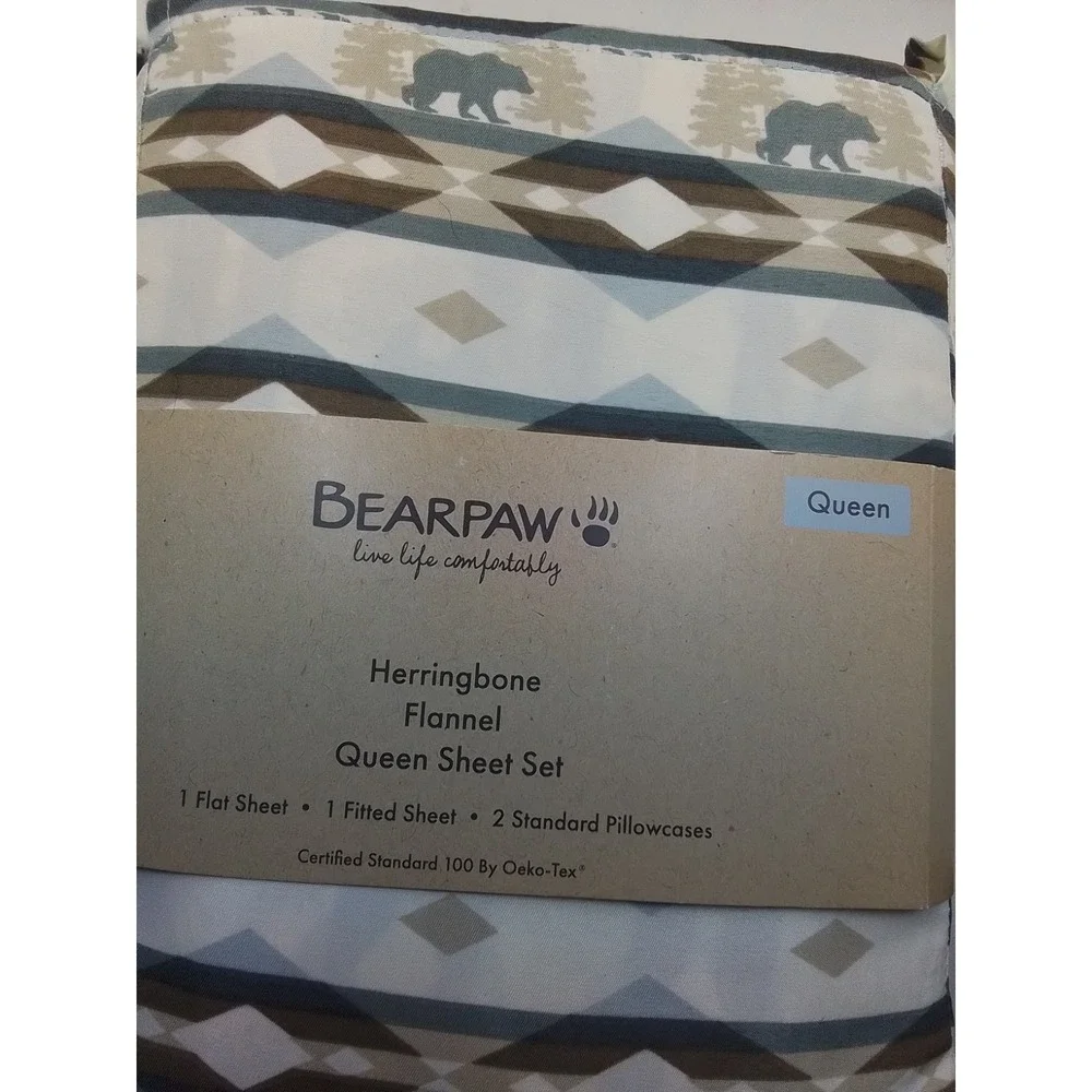 Queen Flannel Sheets-Bear‎ Paw-Queen Size Fitted Set-Herringbone